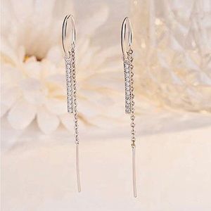 NIP Silver Stainless Steel Cubic Zirconia Diamond Hoop Bar Dangling Earrings